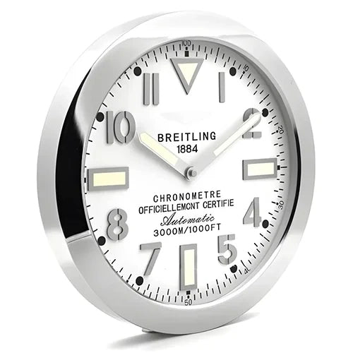 Breitling Style Silver And White Wall Clock